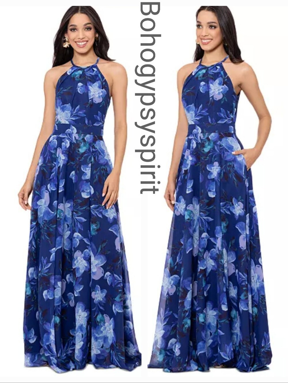 $179 BA By Betsy and Adam  Blue Floral Halter Maxi Evening Gown